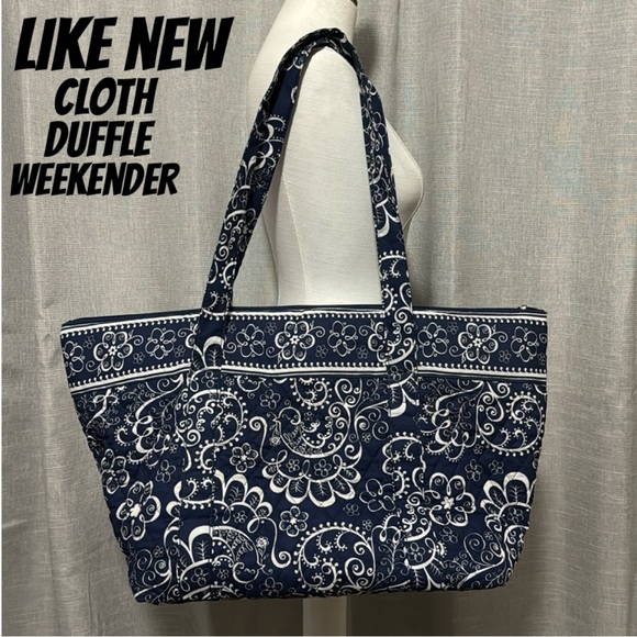 Cotton Cloth Tote-Blue/White-EUC-ZipTop - Picture 1 of 16